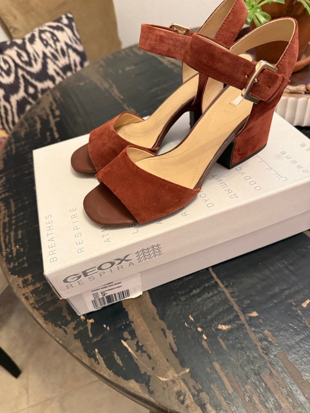 Geox Rust Suede Block Heel Sandals with Ankle Strap, size 38